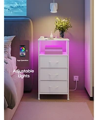 SongmicsHome Bedroom Bedside Table with Led Lights and Charging Station, Nightstand with 3 Drawers and 1 Shelf
