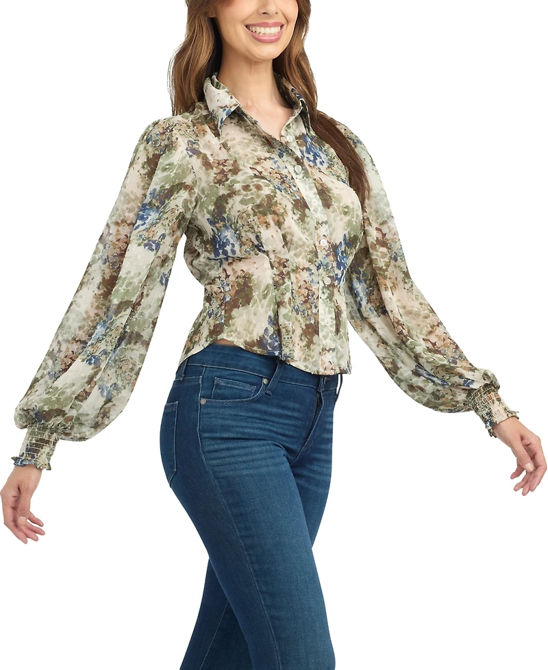 Bcx Women's Floral-Print Sheer Long-Sleeve Blouse