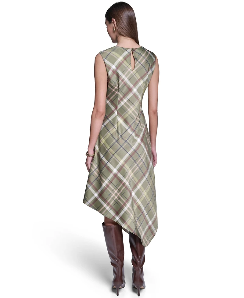 Halston Women's Cowl Neck Plaid Asymmetrical Midi Dress
