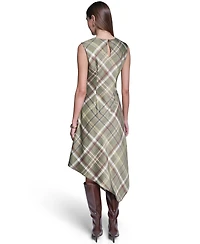 Halston Women's Cowl Neck Plaid Asymmetrical Midi Dress