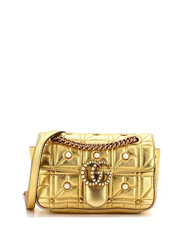 Pre-Owned Gucci Mini Pearly Gg Marmont Flap Bag Embellished Matelasse Leather