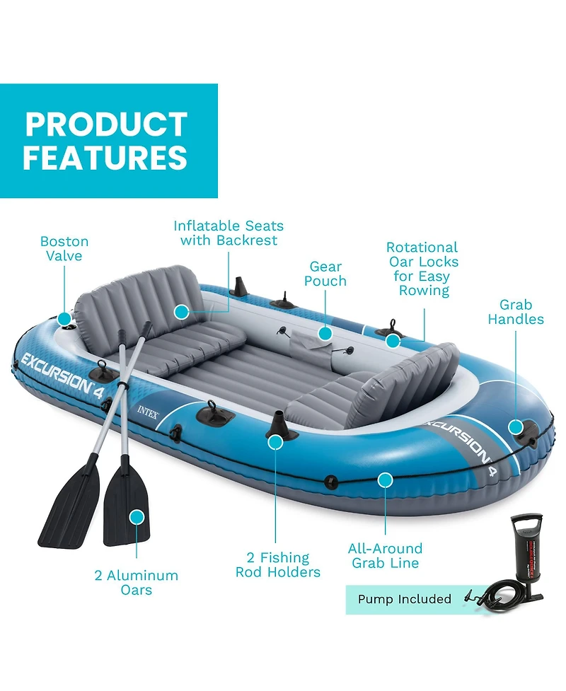 Intex 66324EP Excursion 4 Inflatable Boat Set with 54" Oars, Pump, and Rod Holders