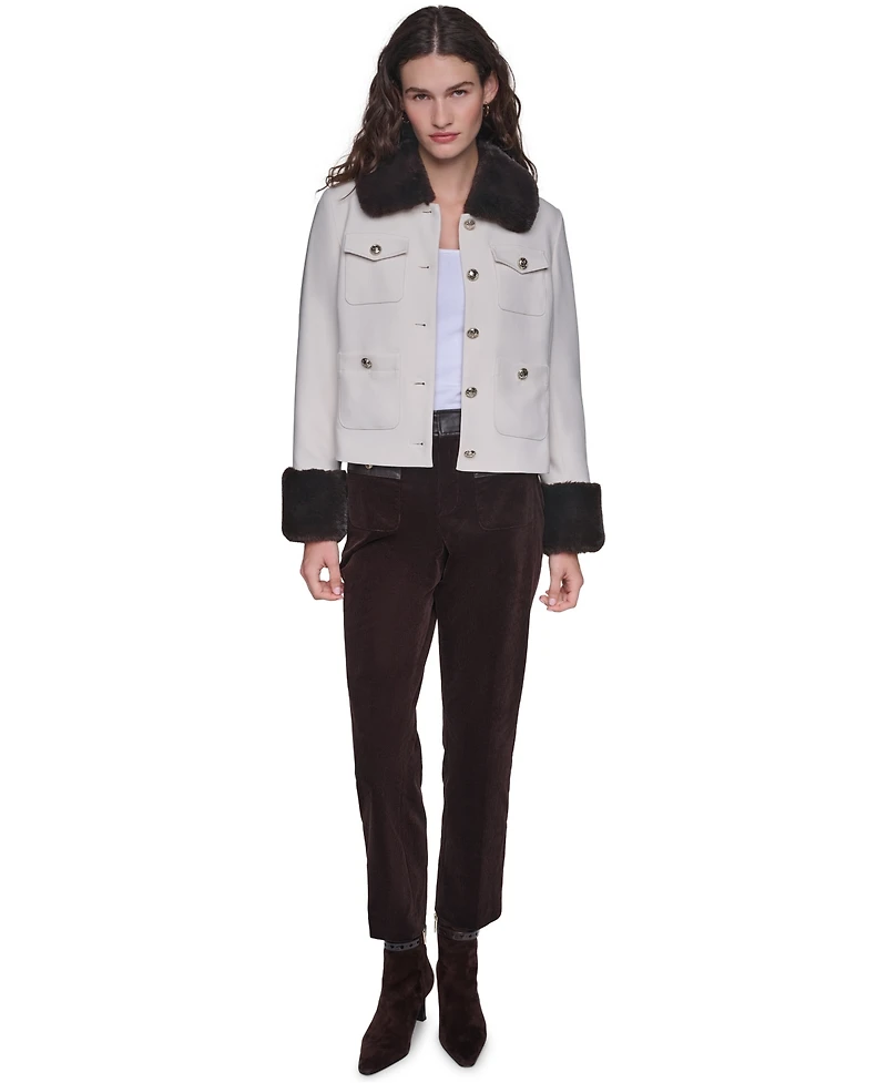 Karl Lagerfeld Paris Women's Faux-Fur Collar and Cuffs Short Jacket