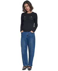 Karl Lagerfeld Paris Women's Long-Sleeve Crewneck Button-Pocket Blouse