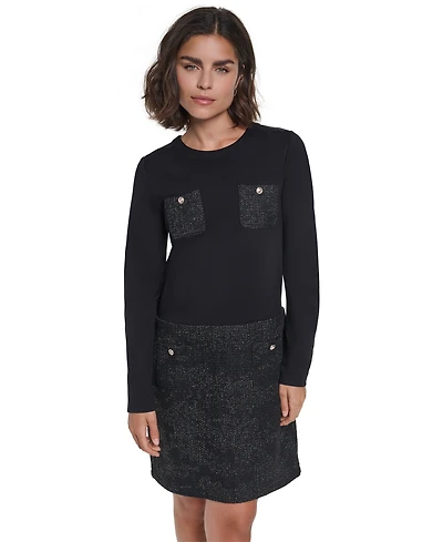 Karl Lagerfeld Paris Women's Tweed Long-Sleeve Crewneck Sweater Dress