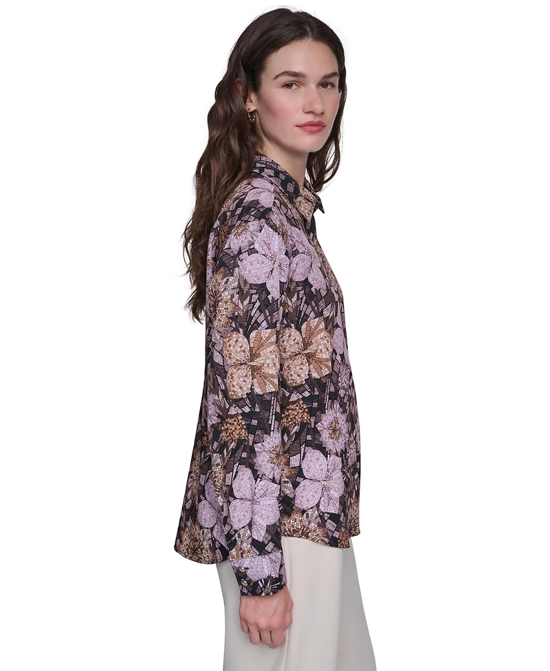 Karl Lagerfeld Paris Women's Floral-Print Long-Sleeve Point-Collar Blouse