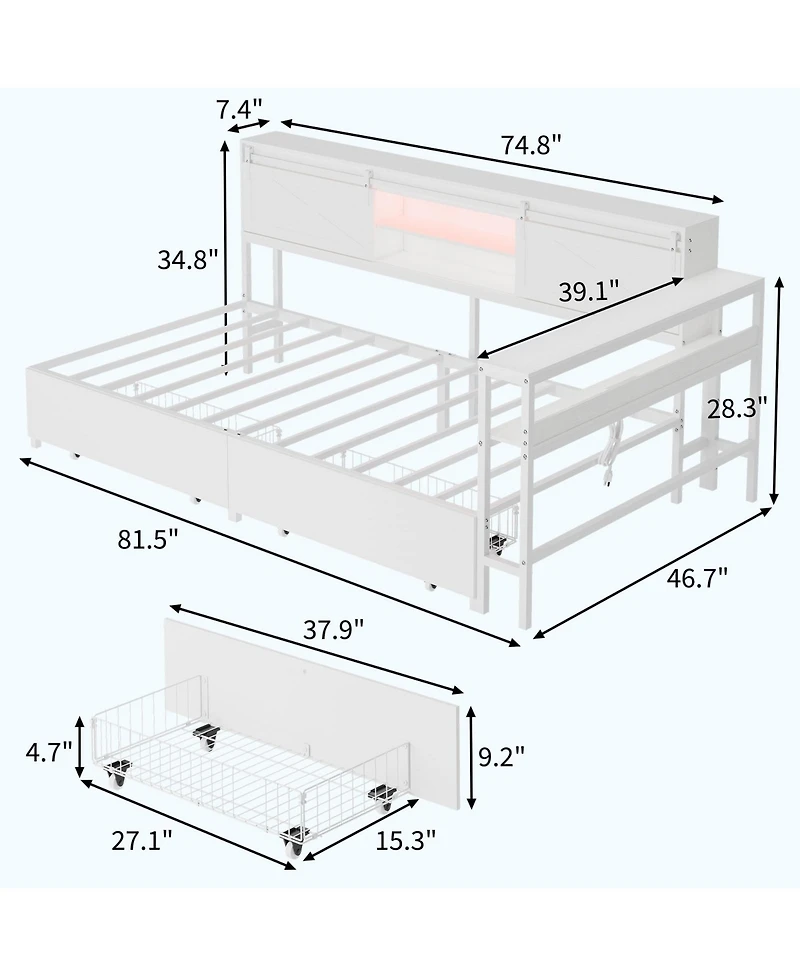 homfan Twin Corner Bed Frame with Storage, Charging Station Led Light, Metal Platform Bed with 2 Drawers, Adjustable Desk and Bookcase Headboard
