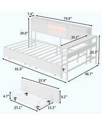 homfan Twin Corner Bed Frame with Storage, Charging Station Led Light, Metal Platform Bed with 2 Drawers, Adjustable Desk and Bookcase Headboard