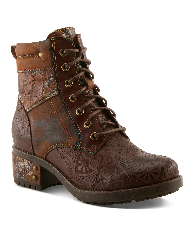L`Artiste Women's Whitefish Lace-up Boots with Embossed Leather and Comfortable Heel