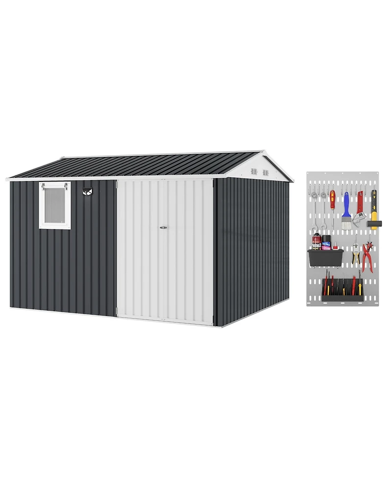 10 x Ft Outdoor Storage Shed with Window, Pegboard and Solar Light, Metal Tool for Garden, Backyard, Patio