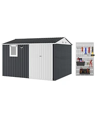 10 x Ft Outdoor Storage Shed with Window, Pegboard and Solar Light, Metal Tool for Garden, Backyard, Patio