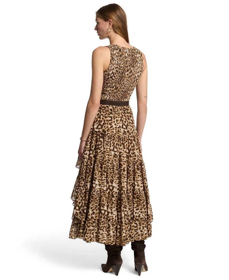 Michael Kors Women's Leopard-Print High-Low Smocked Maxi Dress