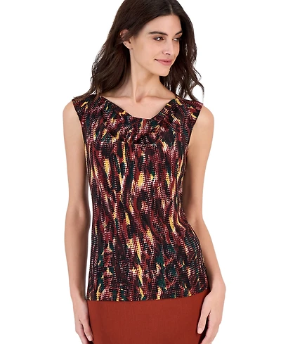 Kasper Petite Shawl Collar C Abstract-Print Cowl Neck Cap-Sleeve Blouse