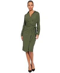 London Times Women's Long-Sleeve Collared Striped Midi Dress