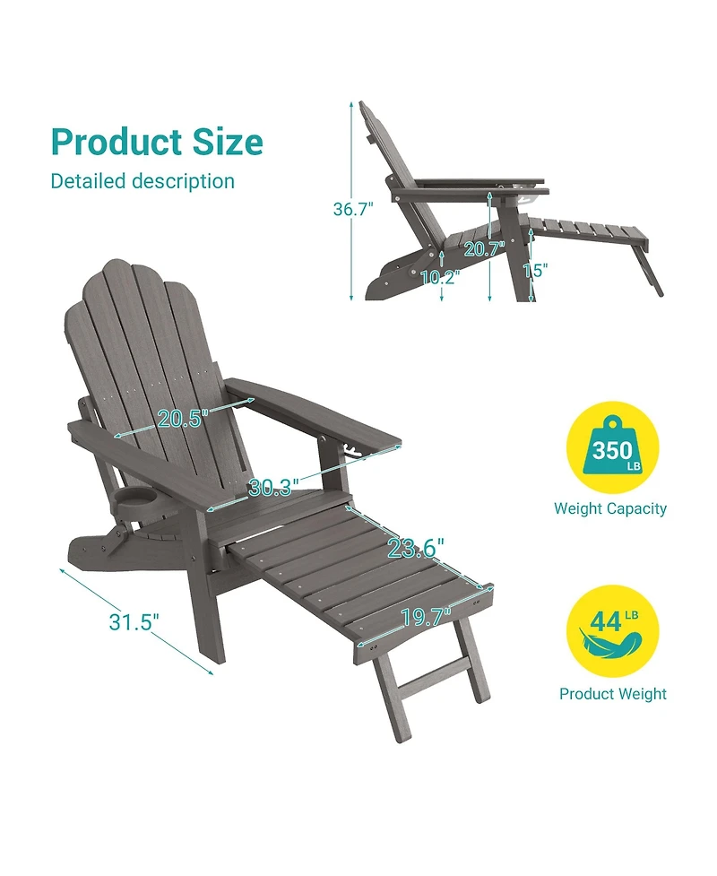 Sonkuki Folding Adirondack Chair with Retractable Ottoman, Weather Resistant Fire Pit Patio Cup Holder Lawn Outdoor Lounge