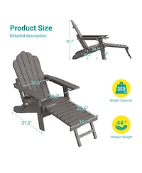 Sonkuki Folding Adirondack Chair with Retractable Ottoman, Weather Resistant Fire Pit Patio Cup Holder Lawn Outdoor Lounge