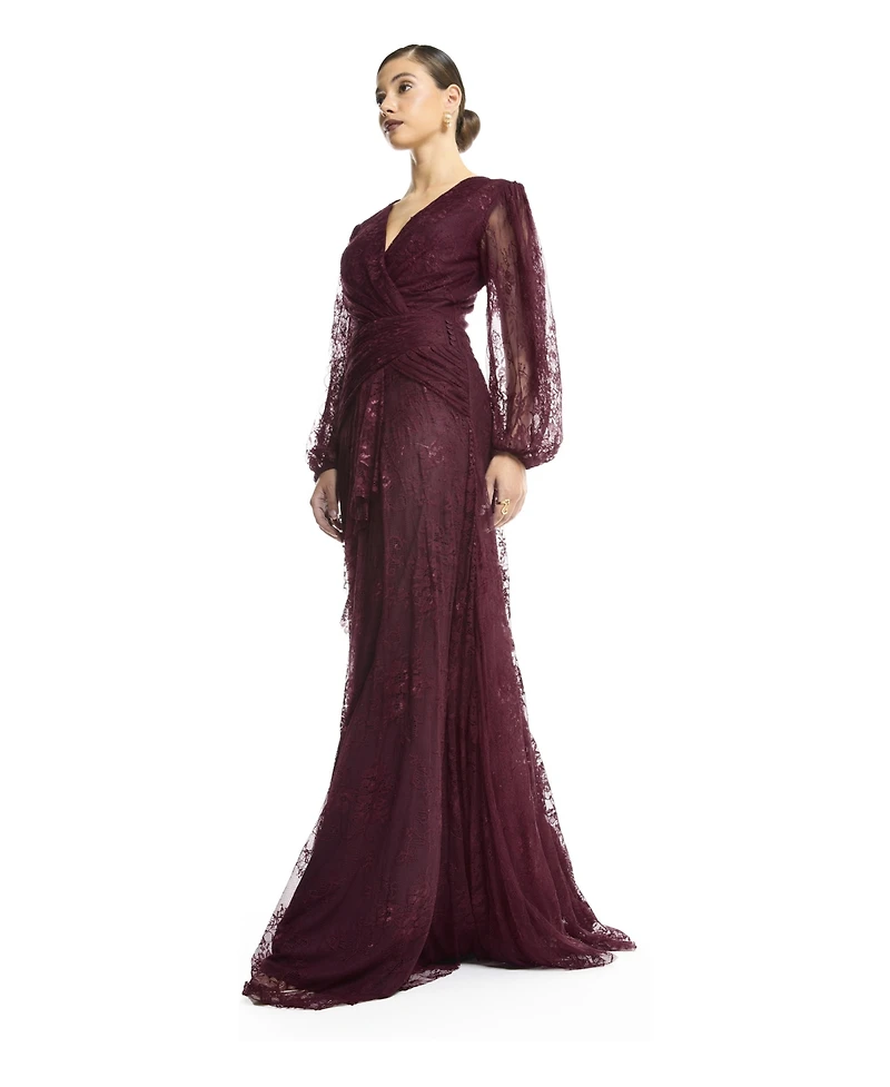 Amri Women's Wrap Lace Gown with Sheer Sleeves - Tiered Ruffle Draped Evening Dress