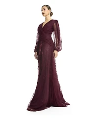 Amri Women's Wrap Lace Gown with Sheer Sleeves - Tiered Ruffle Draped Evening Dress