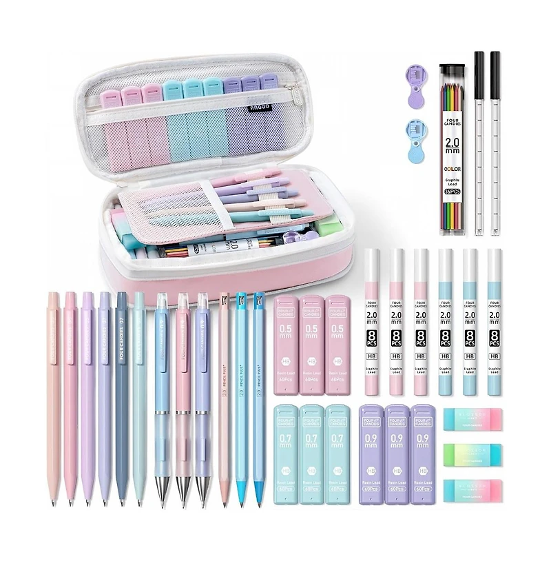 Four Candies 36Pieces Aesthetic School Supplies, Mechanical Pencils 0.5/0.7/0.9/2.0mm with 624 Lead Refills