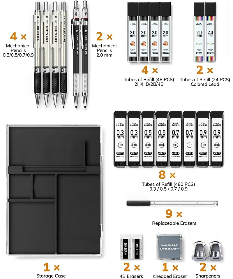 Four Candies 27Pieces Mechanical Pencil Set with Case, 0.3/0.5/0.7/0.9mm and 2mm Leads, Technical Drawing Kit