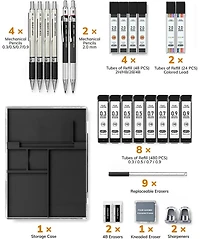 Four Candies 27Pieces Mechanical Pencil Set with Case, 0.3/0.5/0.7/0.9mm and 2mm Leads, Technical Drawing Kit