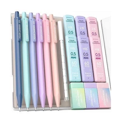 Four Candies Cute Mechanical Pencil Set 6 Pack 0.5mm, 360 Hb/2B Leads Erasers Storage Case, Triangular Grip