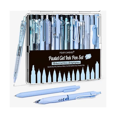 Four Candies Writing Ink Pens with 2Pack Highlighter, Retractable 0.5mm Smooth Fine Point Pens