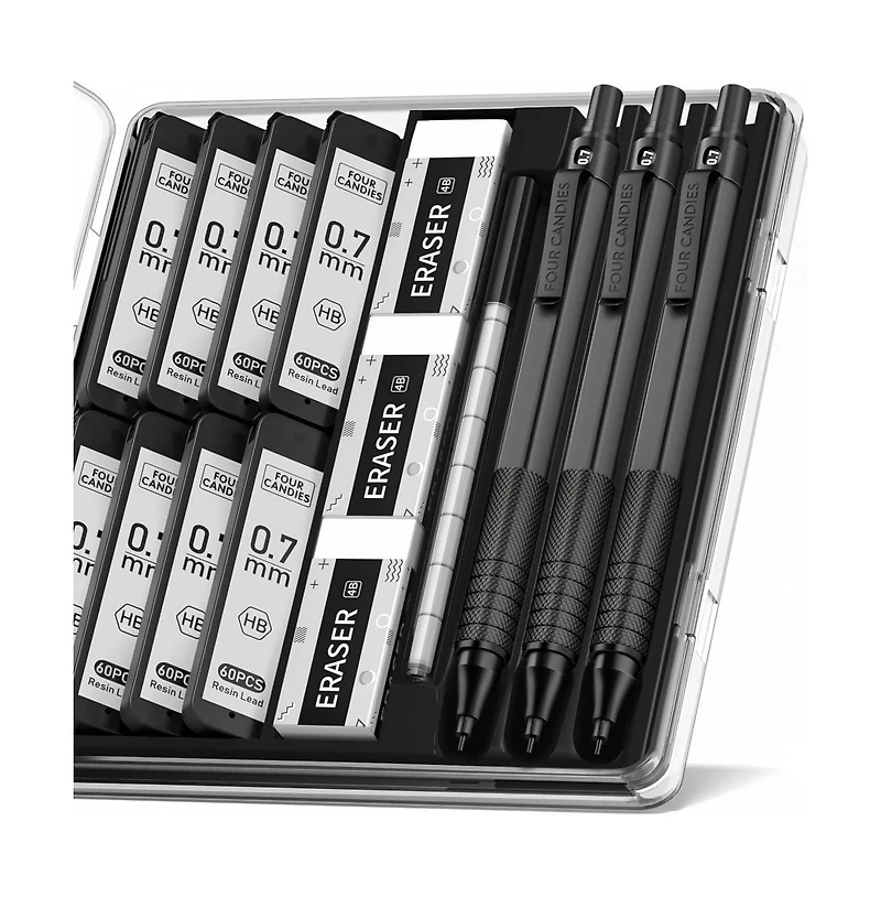 Four Candies Mechanical Graphite Pencil Set, 3Pieces Metal with Anti-Skid Grip for Artists Professionals