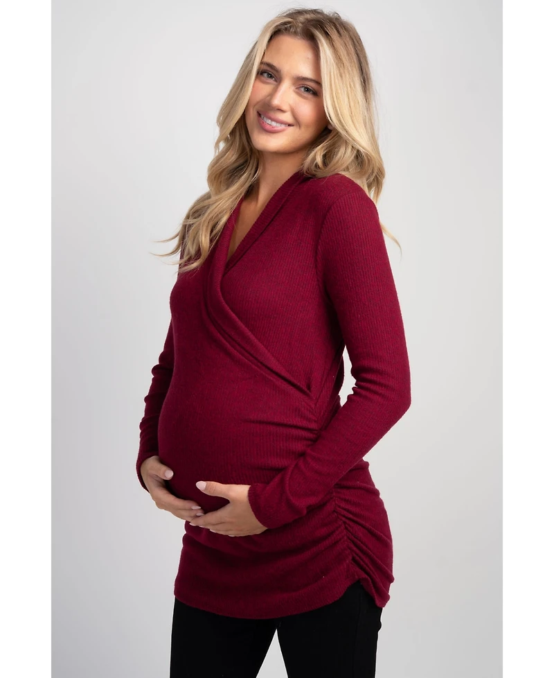 Hello Miz Maternity Nursing Ribbed-Knit Crossover V-Neck Long-Sleeve Top