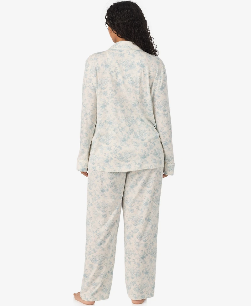 Lauren Ralph Lauren Plus Size Long-Sleeve Notch-Collar Floral-Print Top and Pajama Pants, 2-Piece Set