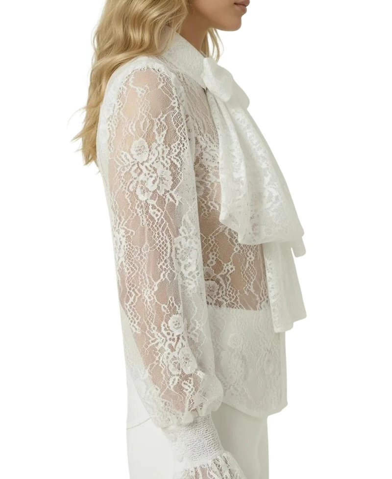 Modenaire Women's Sheer Floral-Print Long-Sleeve Lace Blouse