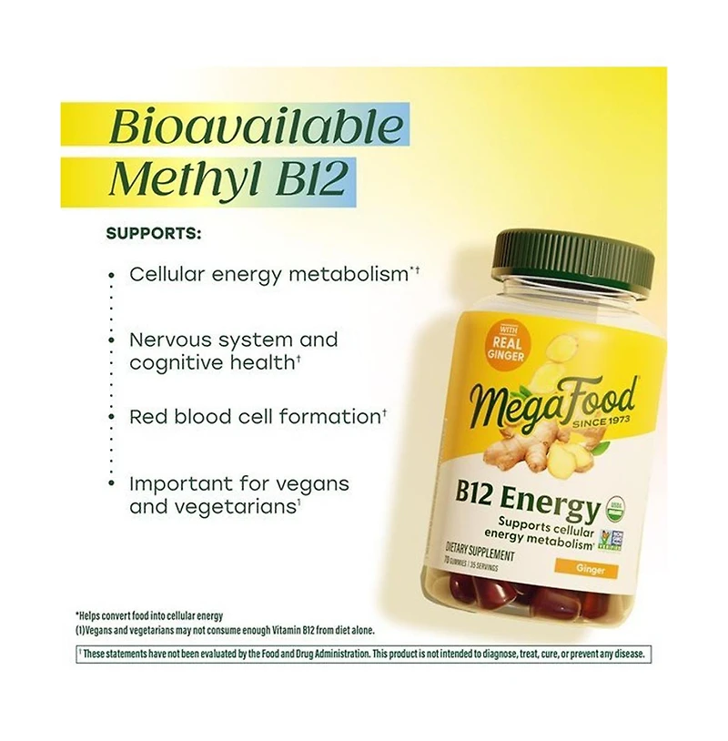 MegaFood Vitamin B12 Energy Gummies Methyl B12 Gummies 70 Ginger Gummies