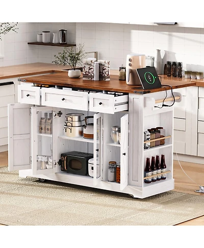 Streamdale Furniture 53" Farmhouse Kitchen Island with Glass Doors, Power Outlet and Drop Leaf