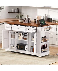 Streamdale Furniture 53" Farmhouse Kitchen Island with Glass Doors, Power Outlet and Drop Leaf