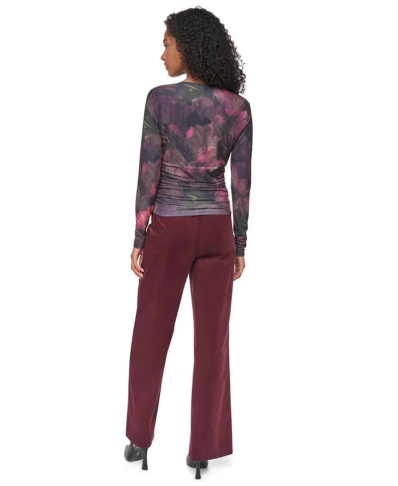 Dkny Women's Floral-Print Ruched Long-Sleeve V-Neck Blouse