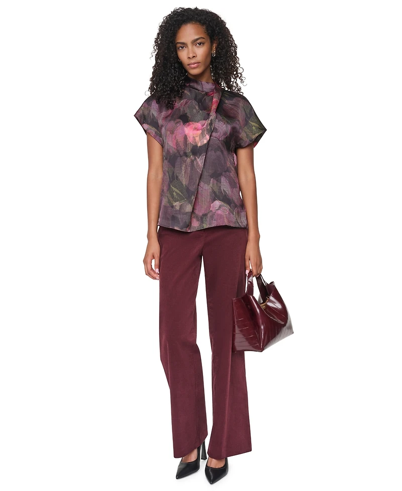 Dkny Women's Floral-Print Mock Neck Short-Sleeve Blouse