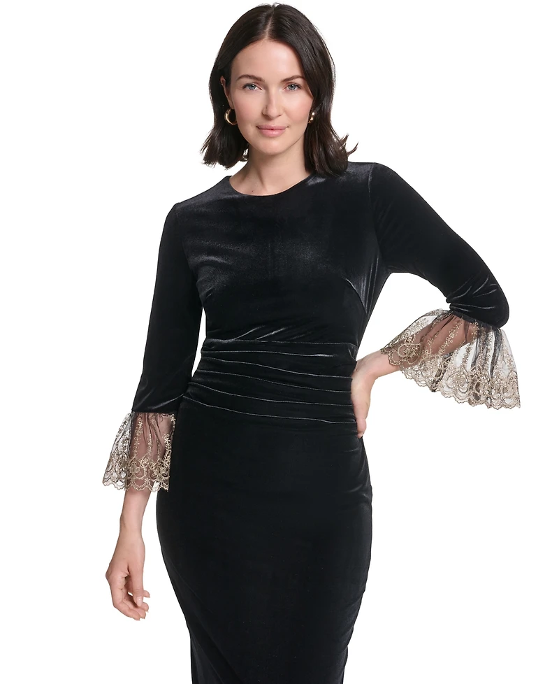Jessica Howard Women's 3/4-Sleeve Ruched Waist Stretch Velvet Sheath Dress
