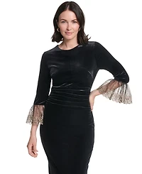 Jessica Howard Women's 3/4-Sleeve Ruched Waist Stretch Velvet Sheath Dress