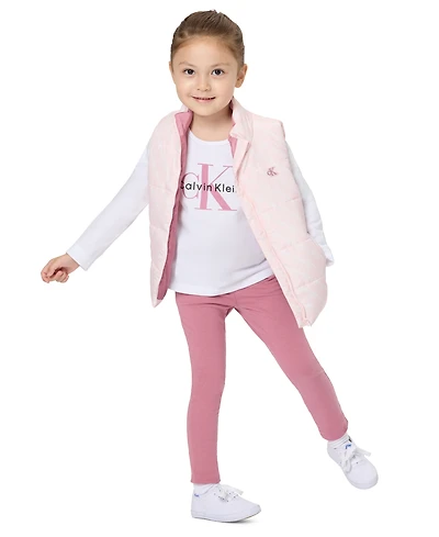 Calvin Klein Girls' 4-16 Puffer Zip-Up Vest, Long-Sleeve T-Shirt and Leggings, 3-Piece Set