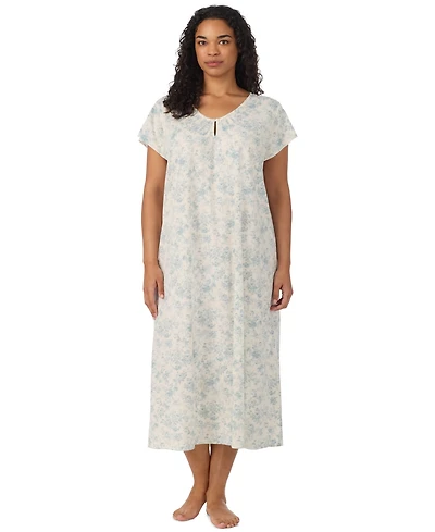 Lauren Ralph Plus Flutter-Sleeve V-Neck Cotton-Blend Nightgown