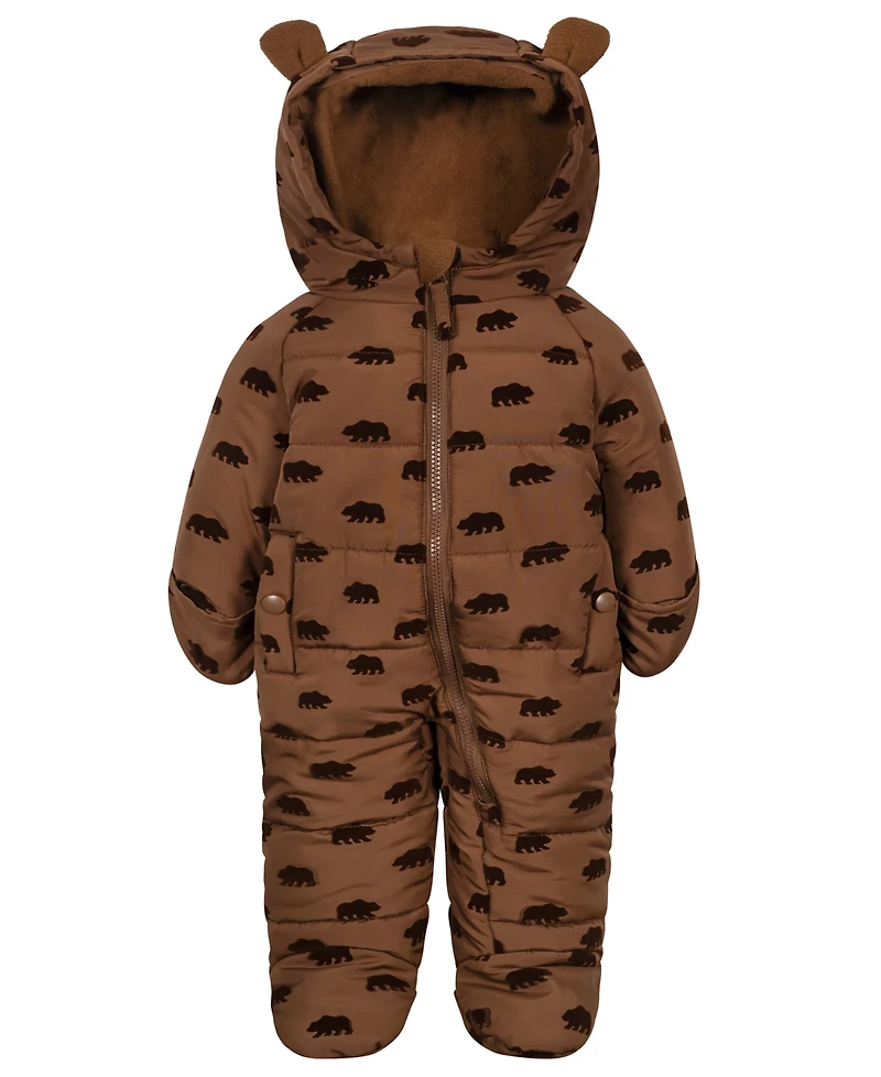 S Rothschild & Co Baby Boys' Flocked Bear-Print Fleece-Lined Hood Easy-On/Easy-Off Snowsuit