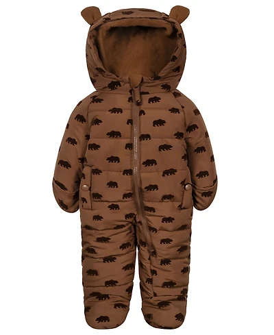 S Rothschild & Co Baby Boys' Flocked Bear-Print Fleece-Lined Hood Easy-On/Easy-Off Snowsuit