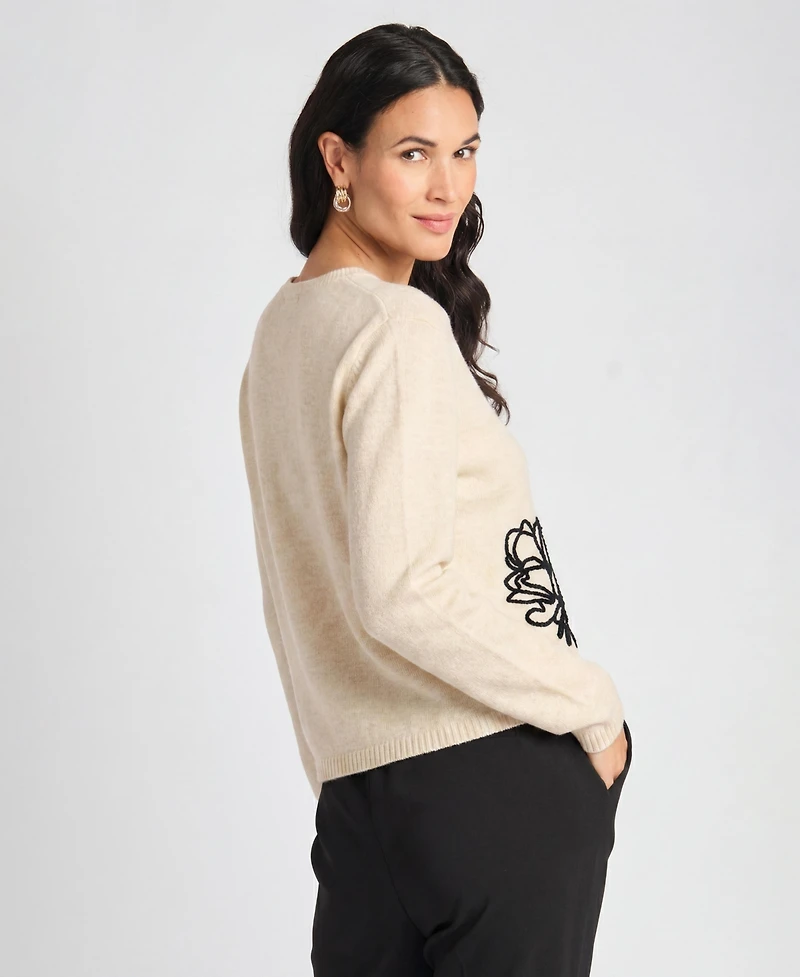 Vince Camuto Women's Chenille Floral Embroidery Crewneck Sweater