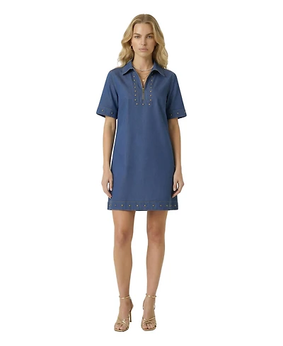 Modenaire Women's Studded Half-Zip Short-Sleeve Denim Mini Dress