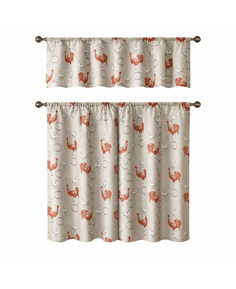 Kate Aurora Living Country Farmhouse Red Rooster Barn 3 Piece Kitchen Curtain Tier & Valance Set