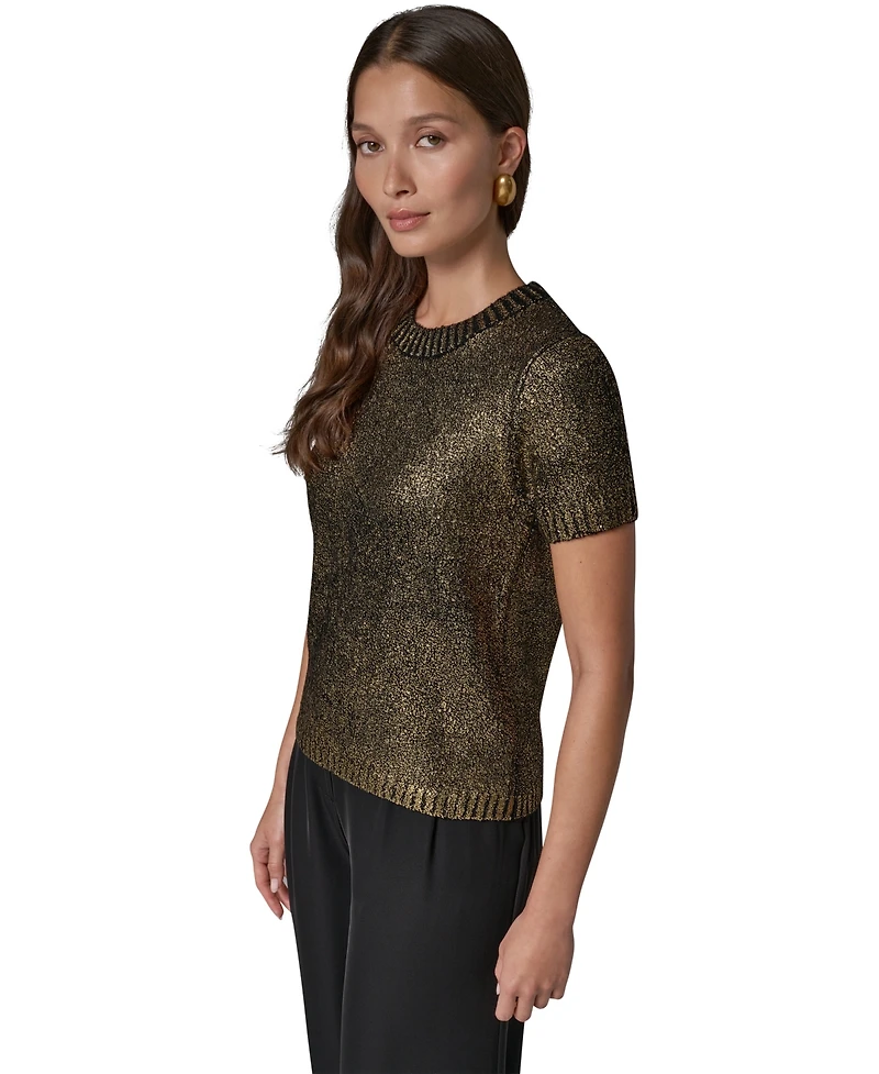 Donna Karan New York Women's Foil Boucle Short-Sleeve Crewneck Sweater