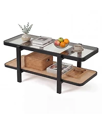 Costway 2-Tier Rustic Coffee Table with Storage Tempered Glass Tabletop Pe Rattan Shelf