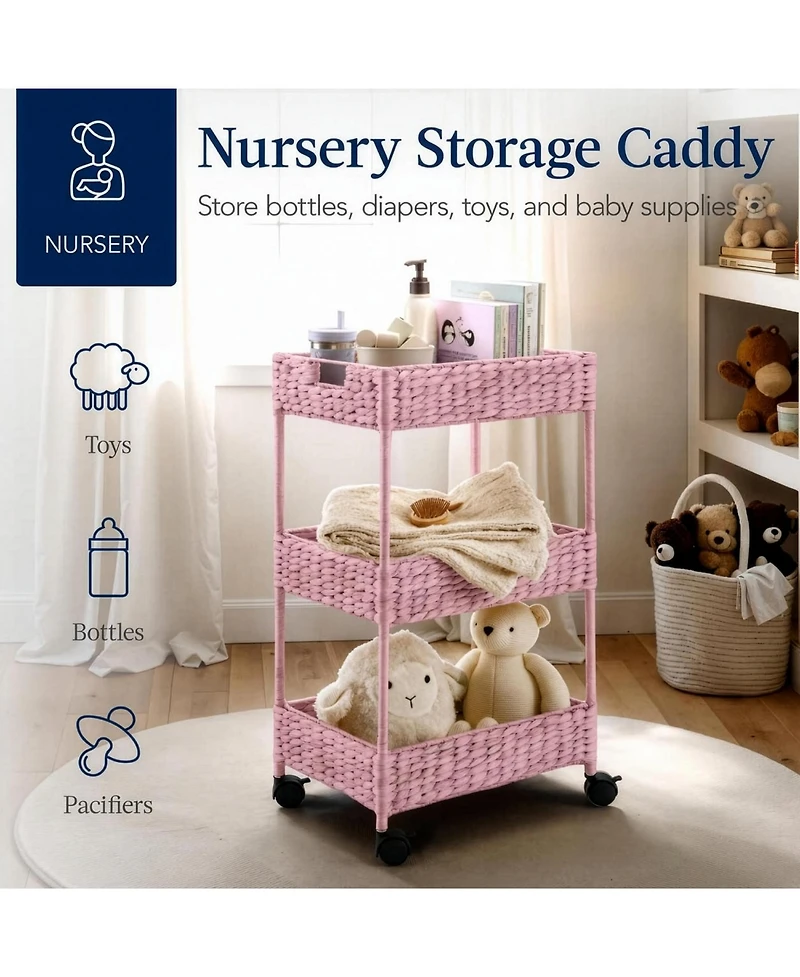Best Choice Products 3-Tier Water Hyacinth Rolling Utility Cart w/ Weaved Baskets