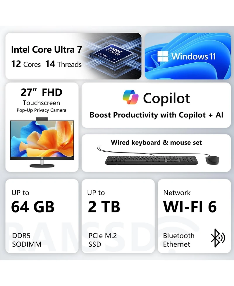 Hp Essential 27-cr2000t 27" Fhd Touchscreen Intel Core Ultra 7 255U, 16GB DDR5, 512GB Ssd, Windows 11 Pro