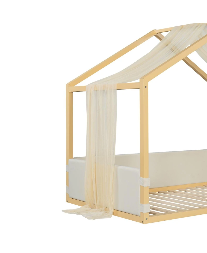 Streamdale Furniture Twin Size Velvet Canopy Bed with Gauze Canopy and Platform Frame